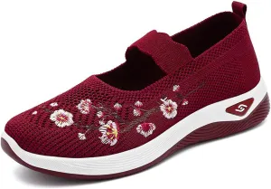 Orthopedic Shoes for Women Fashion Floral Embroidery Walking Shoes Arch Support Mesh Breathable Arch Support Slip-On Light Air Cushion Orthopedic Sneakers Diabetic Shoe