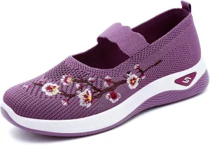 Orthopedic Shoes for Women Fashion Floral Embroidery Walking Shoes Arch Support Mesh Breathable Arch Support Slip-On Light Air Cushion Orthopedic Sneakers Diabetic Shoe