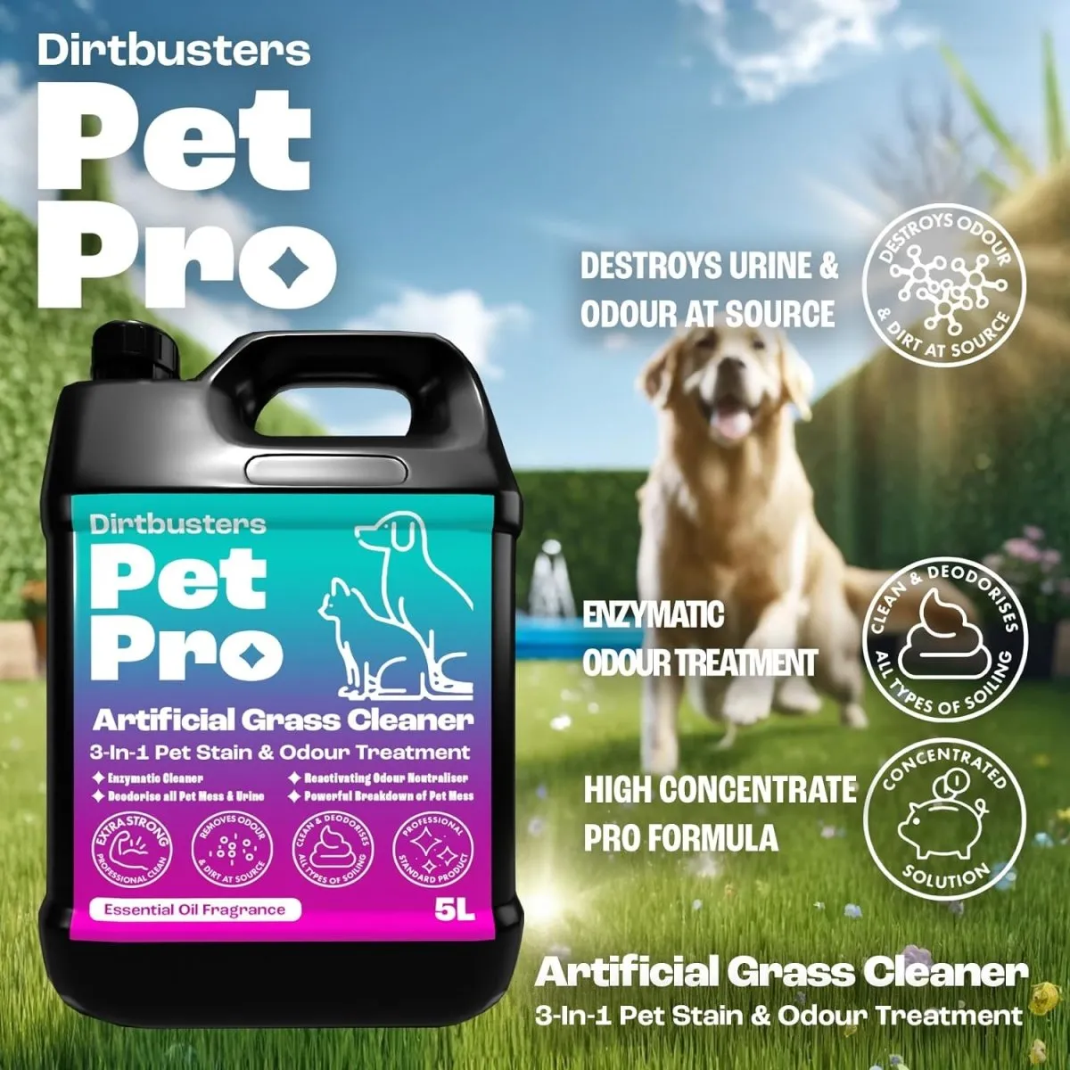 Pet Pro Artificial Grass Cleaner For Dogs & Cats, 3-in-1 Clean, Remove Stains, Urine & Deodorise With Reactivating Odour Eliminator (5L)
