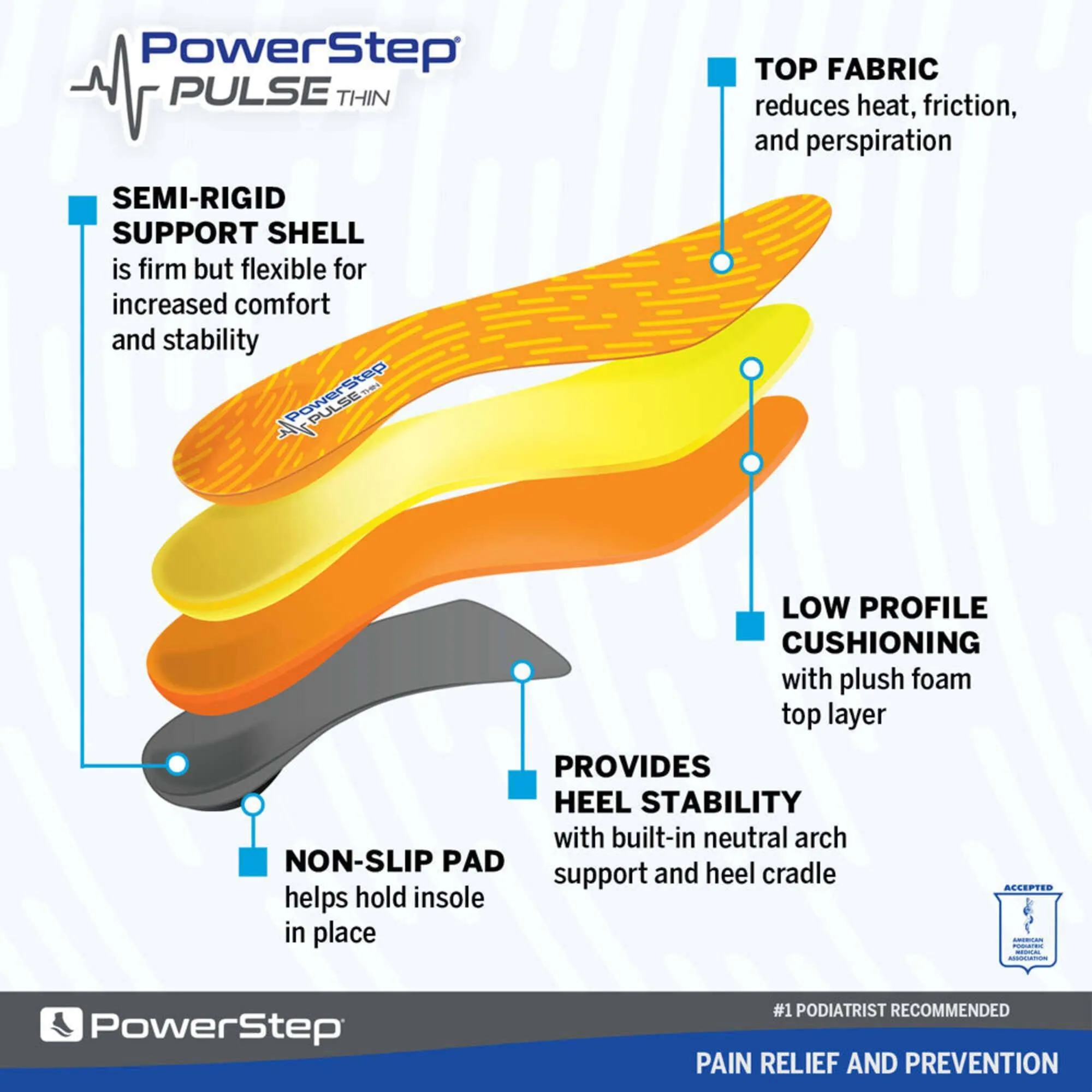 PowerStep Insoles - Pulse Thin Arch Pain Relief Orange Insoles