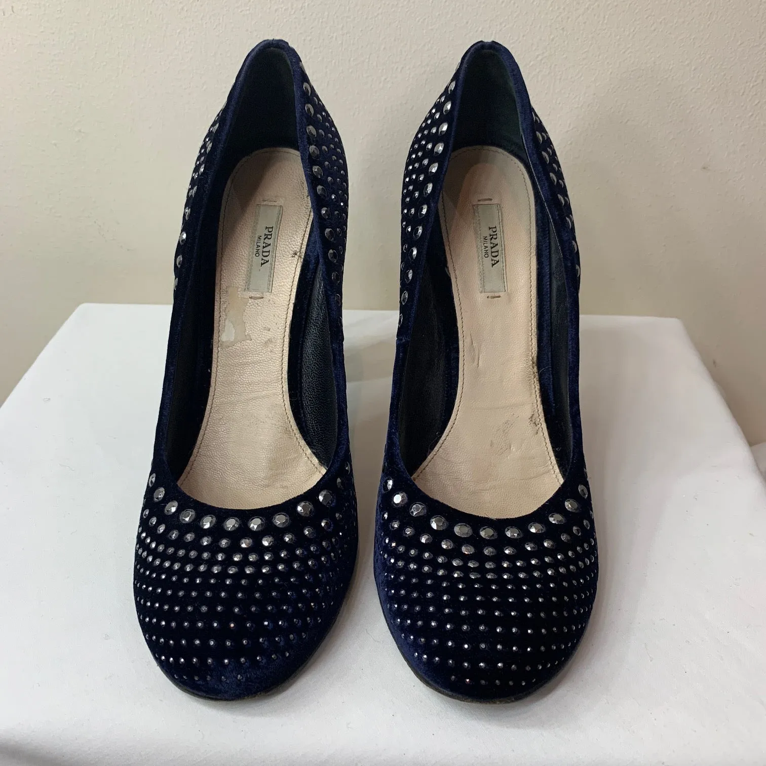 Prada Velvet Navy Blue Studded Heels