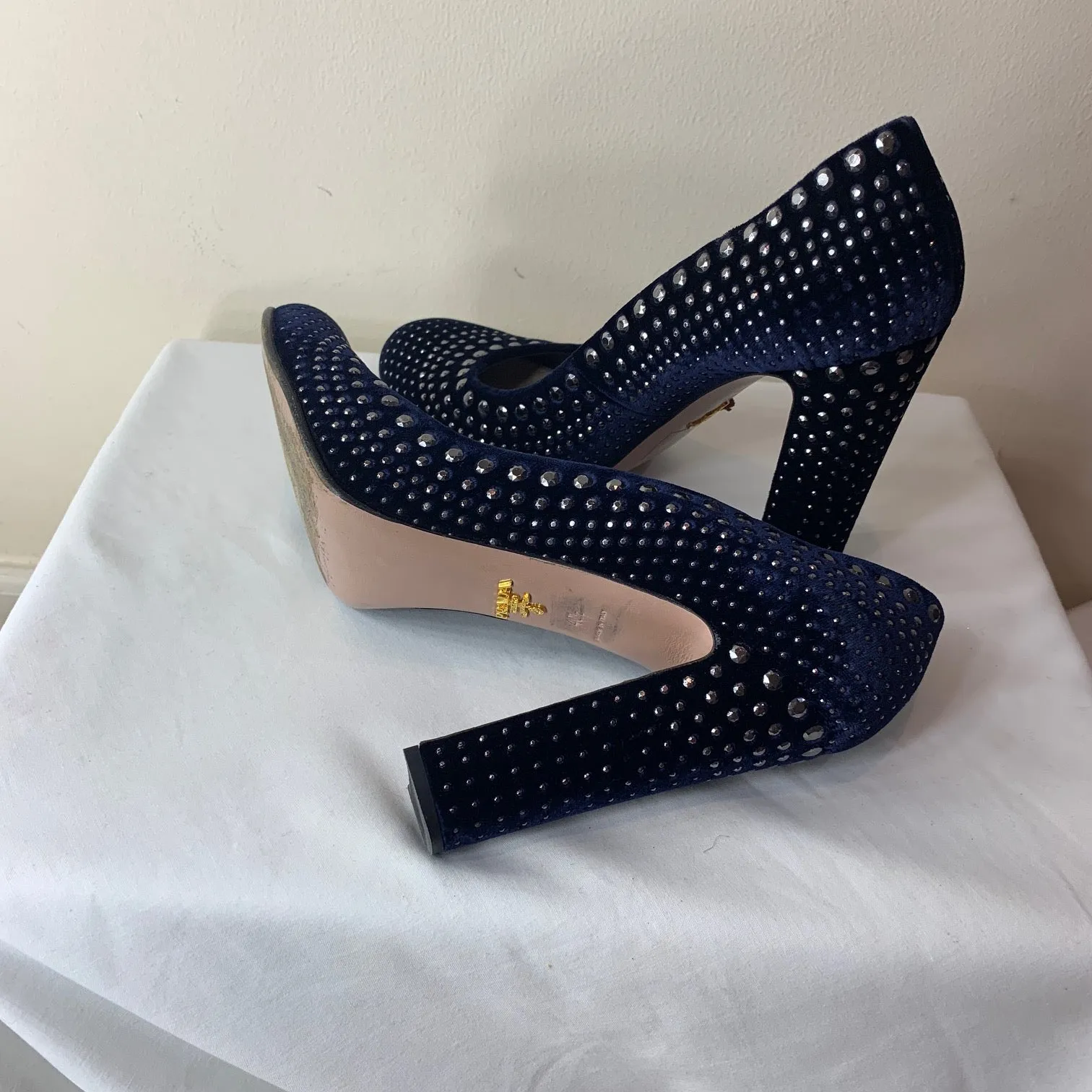 Prada Velvet Navy Blue Studded Heels