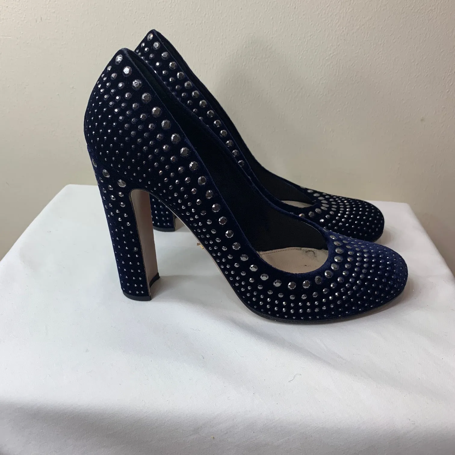 Prada Velvet Navy Blue Studded Heels