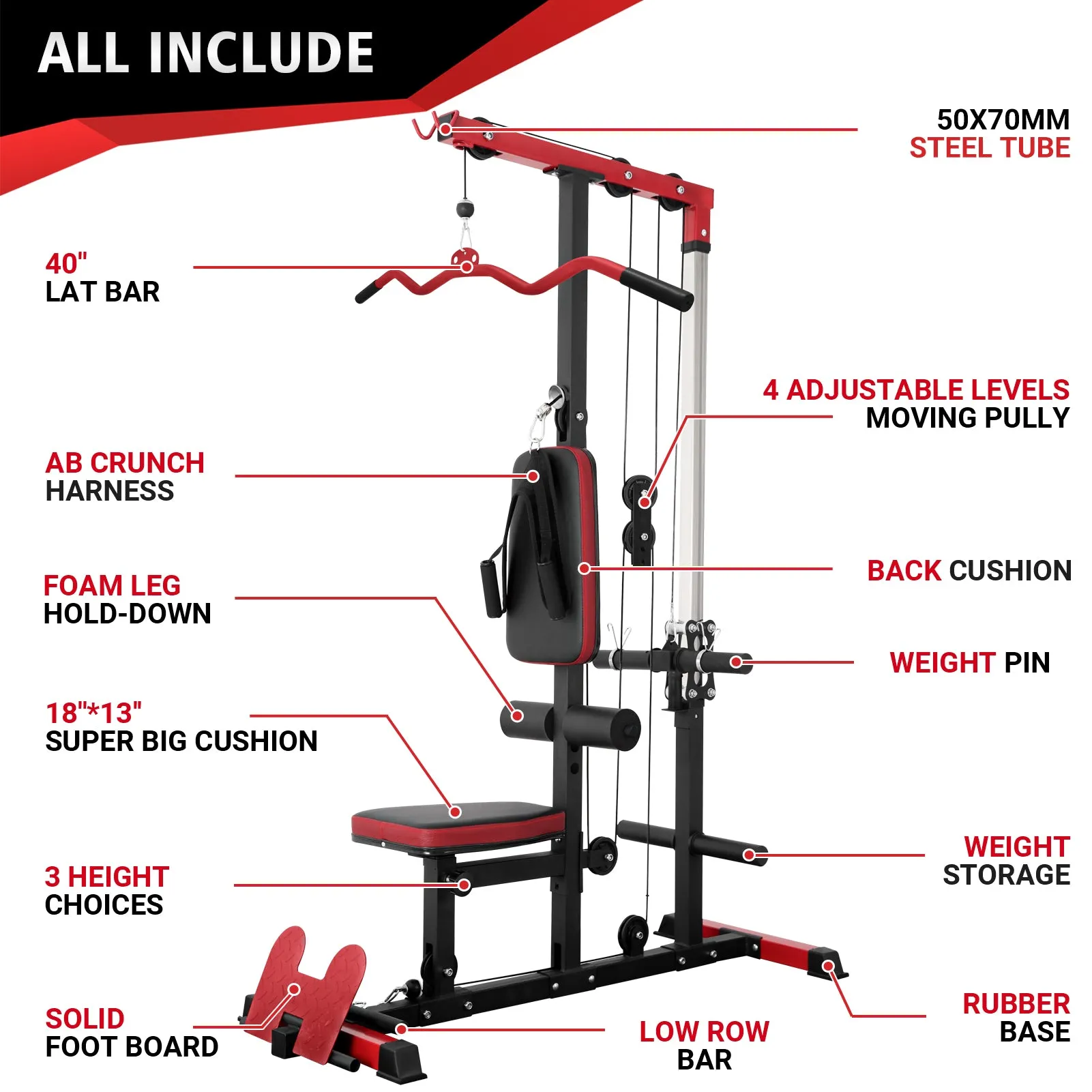 Pull-Down & LAT Row Cable Machine w/ Flip-up Footplate & Plates Storage Post