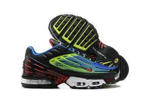 Air Max Plus 3 Catching Fire Crimson Laser Hyper Royal Black CU4710-400 running in a golf course area shoes