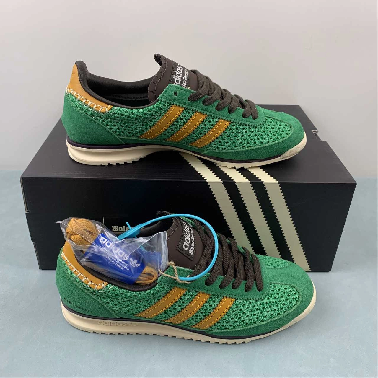 Adidas Wales Bonner x SL72 Knit Team Green Collegiate Gold Dark Brown IG0571 running during a thunderstorm