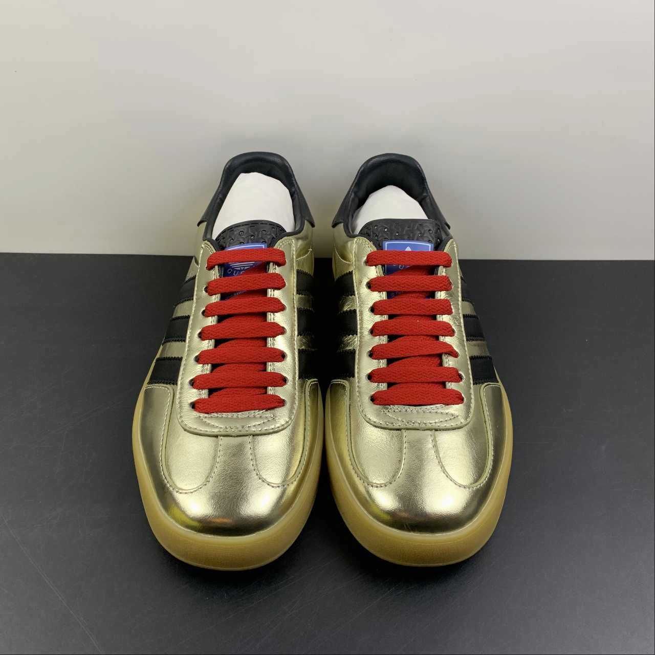 rainy - day - runner rigid - upper - feature shoes Adidas x Gucci Gazelle Metallic Gold Leather