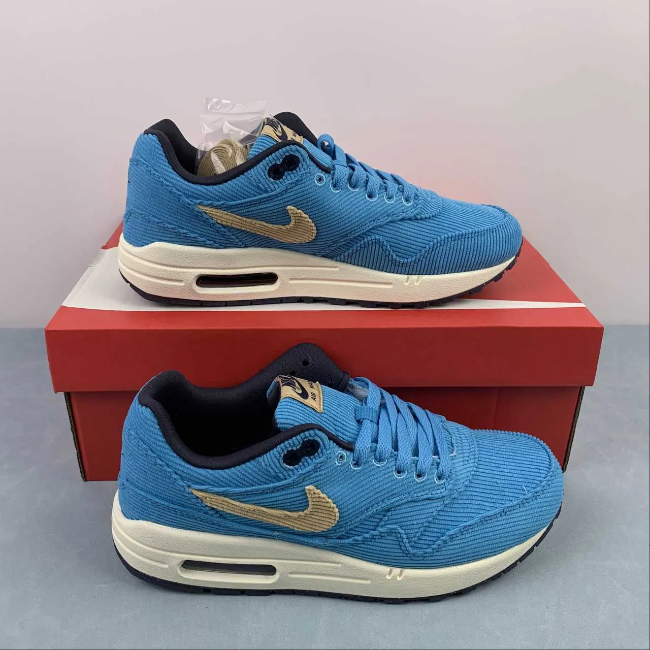 Air Max 1 Corduroy Baltic Blue Sesame Gridiron Sail FB8915-400 Dual   Density Midsole Toe Bumper