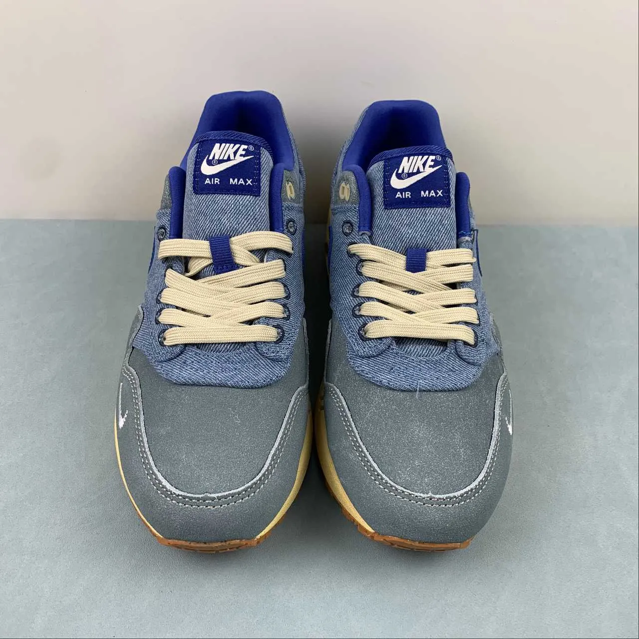 running in a kelp forest area shoes Air Max 1 PRM Dirty Denim Deep Royal Blue Lemon Wash DV3050-300