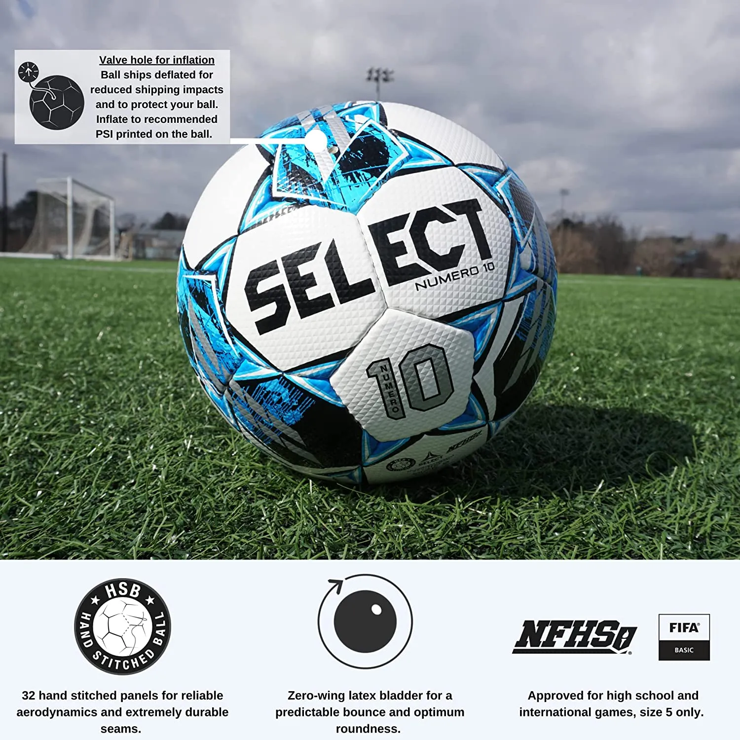 Select Numero 10 V22 Soccer Ball White/Blue Size 5 NFHS,NCAA Approved