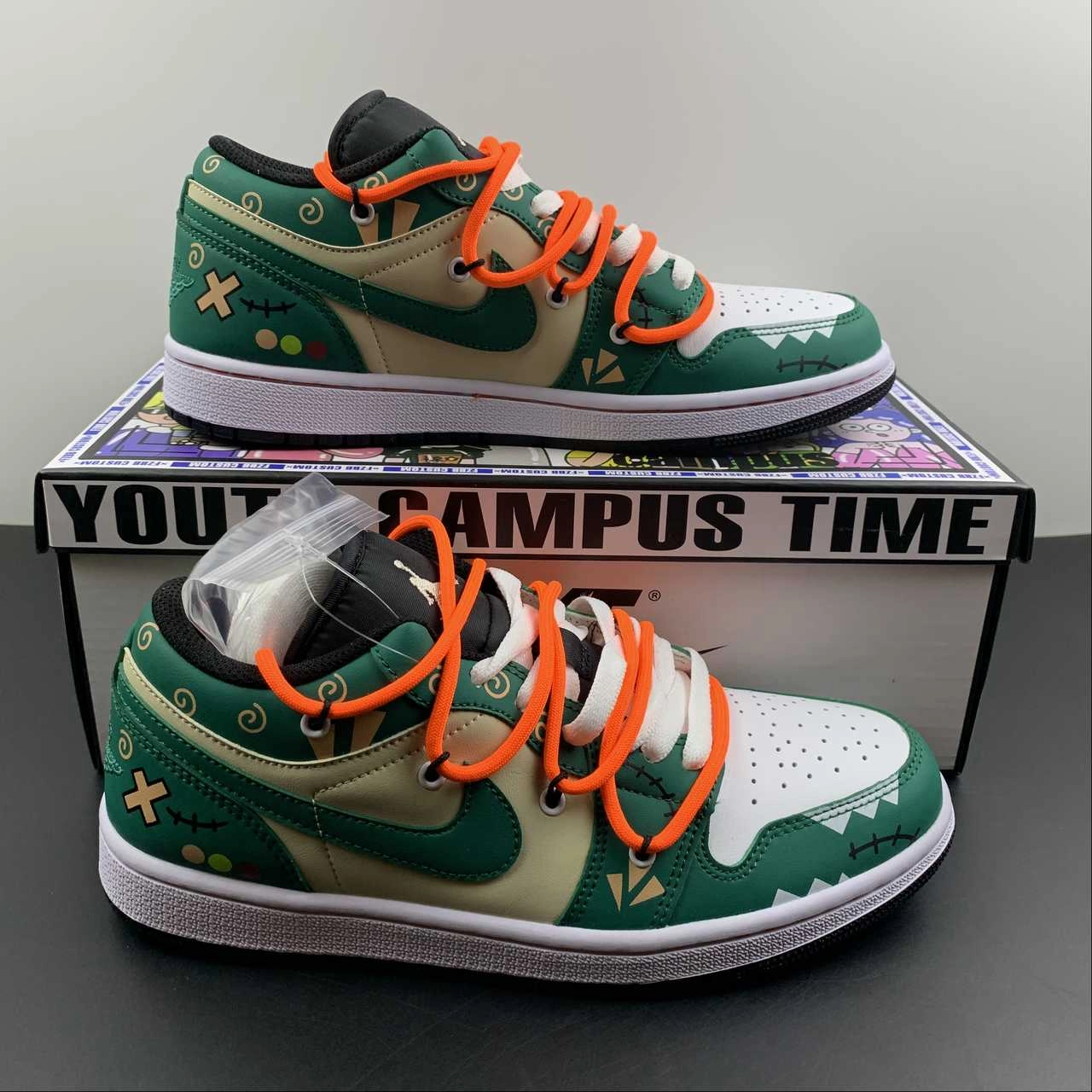 Air Jordan 1 Low ??Youth Campus Time?? Green White Orange 553558-062 Dynamic Flexibility Weatherproof Footwear