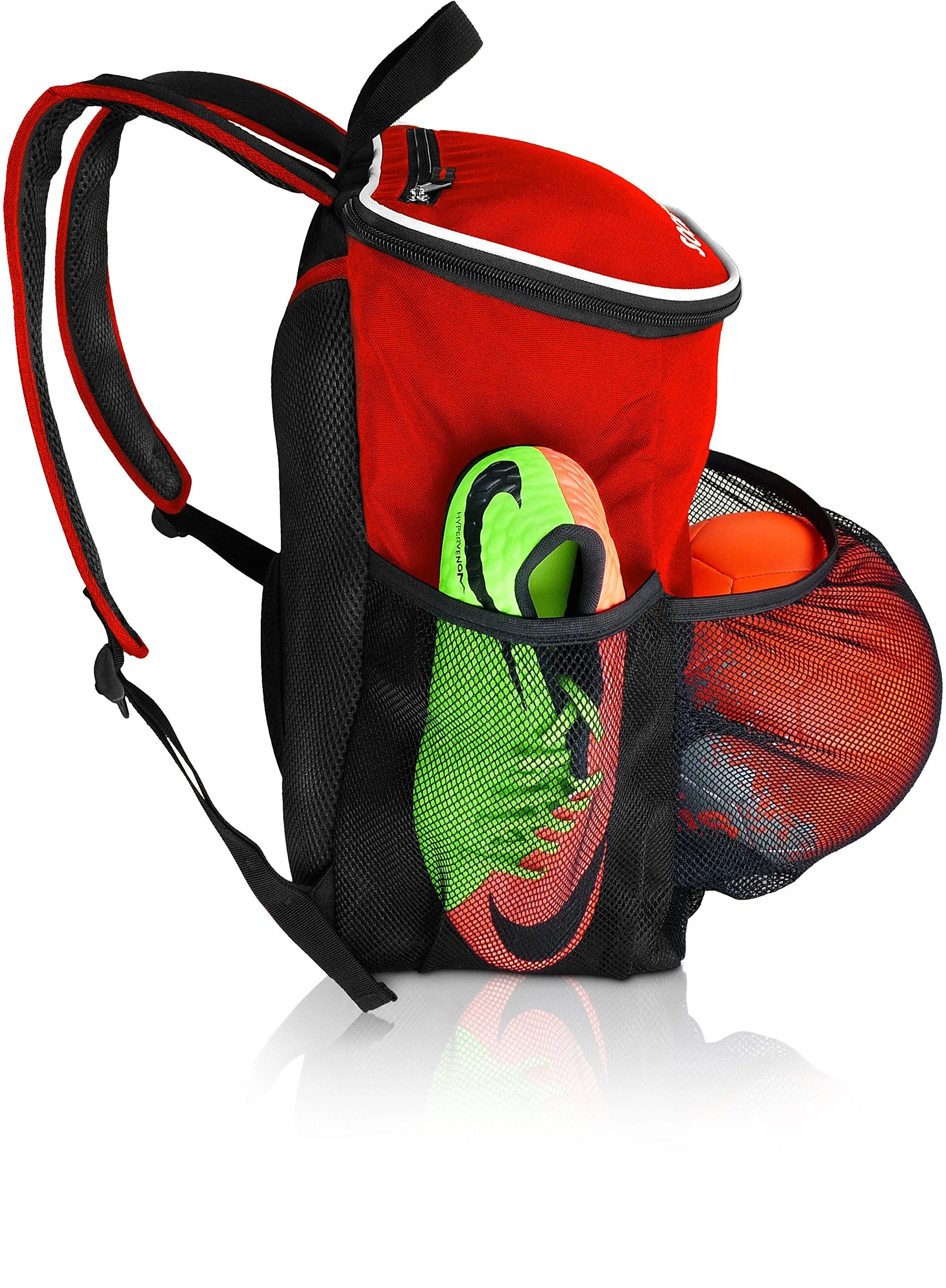 Soccer Backpack with Ball Holder Compartment - for Boys & Girls | Bag Fits All Soccer Equipment & Gym Gear (Black) (Red)
