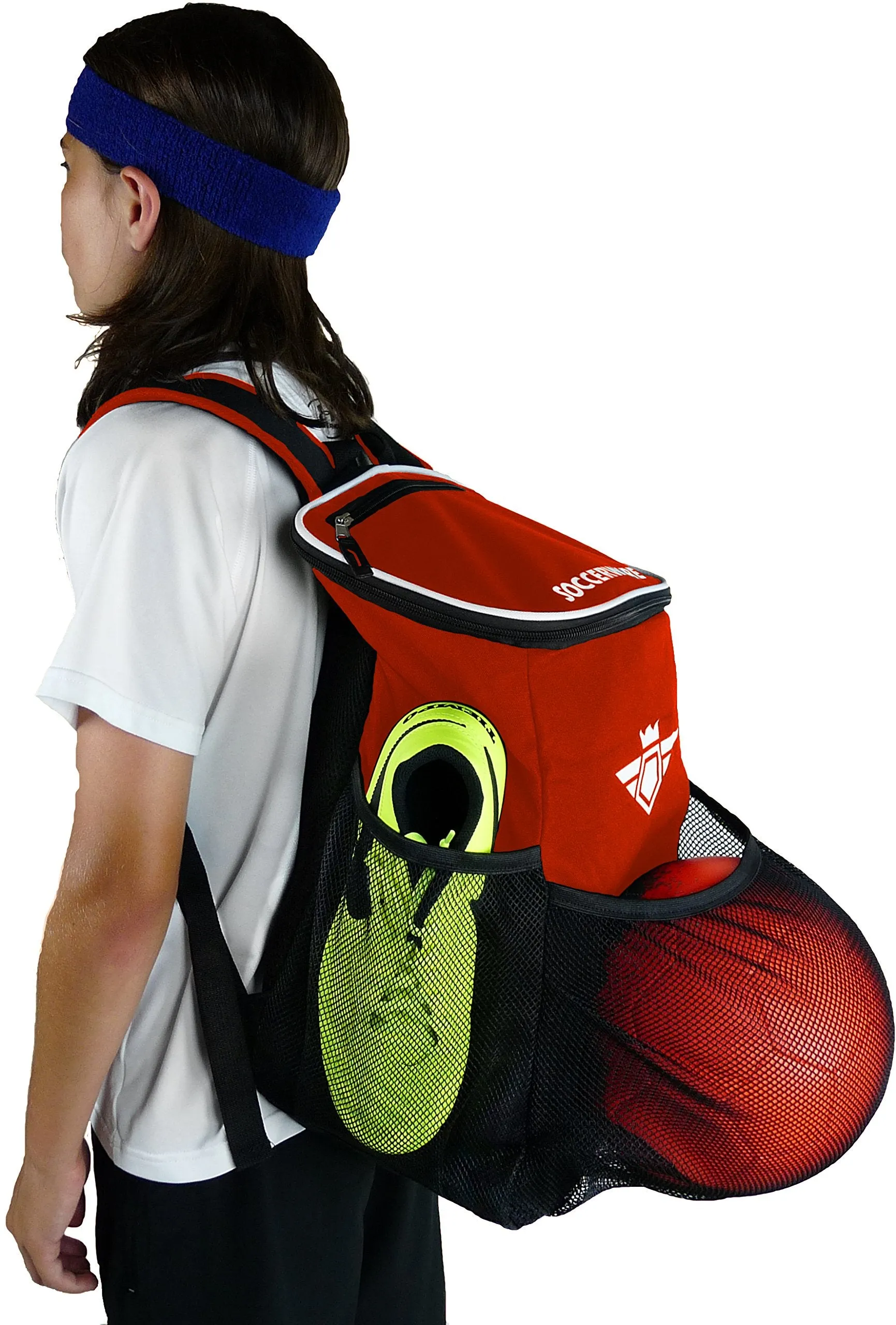 Soccer Backpack with Ball Holder Compartment - for Boys & Girls | Bag Fits All Soccer Equipment & Gym Gear (Black) (Red)