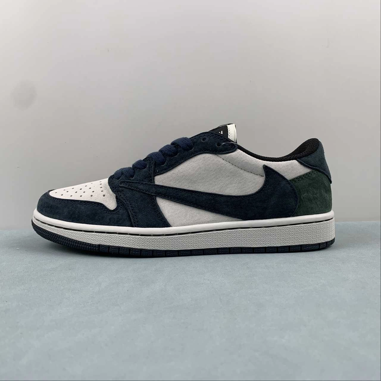Stable Heel Counter Pure Lines Travis Scott x Air Jordan 1 Low OG Suede Dark Green Blue DM7866-819