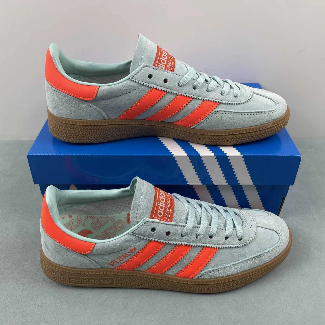 Adidas Handball Spezial Semi Flash Aqua Impact Orange Gum IH5374 lacrosse shoes running in stadium