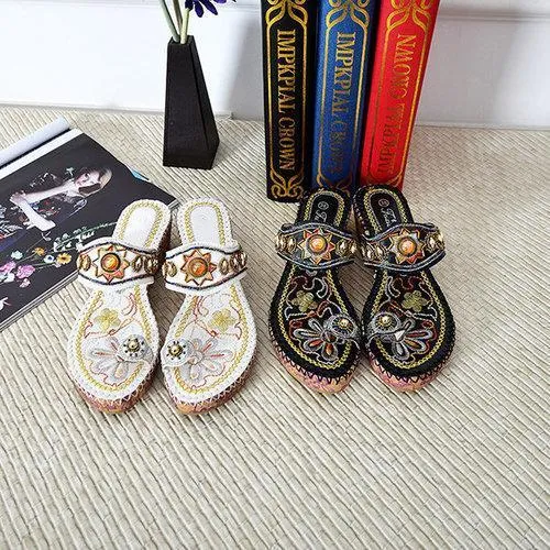 Sun Rhinestone Clip Toe Wedge Heel Flower Bohemia Sandals