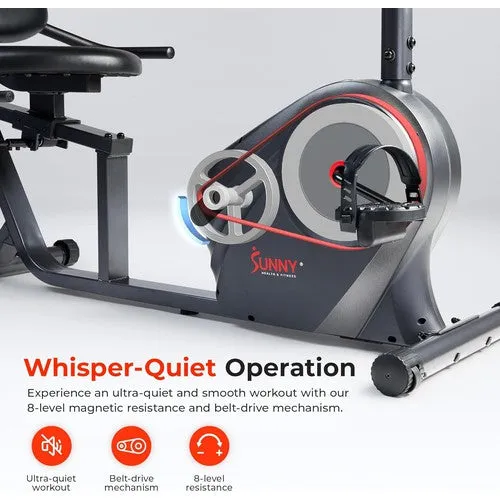 Sunny Health & Fitness Heavy-Duty Recumbent Smart Bike, Wide Cushioned Seat & Back