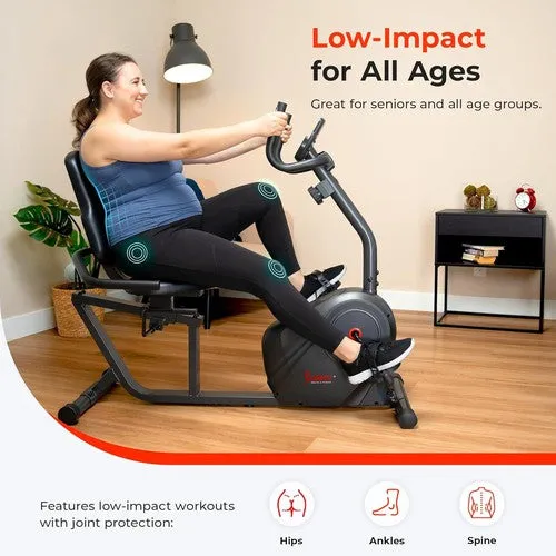 Sunny Health & Fitness Heavy-Duty Recumbent Smart Bike, Wide Cushioned Seat & Back