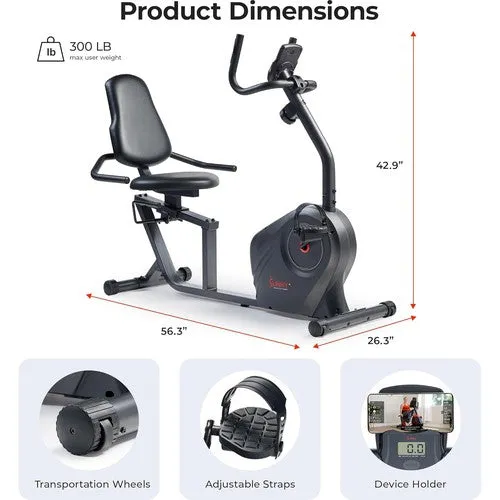 Sunny Health & Fitness Heavy-Duty Recumbent Smart Bike, Wide Cushioned Seat & Back