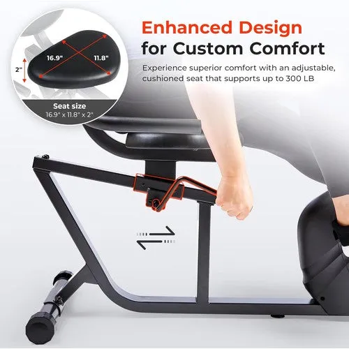 Sunny Health & Fitness Heavy-Duty Recumbent Smart Bike, Wide Cushioned Seat & Back