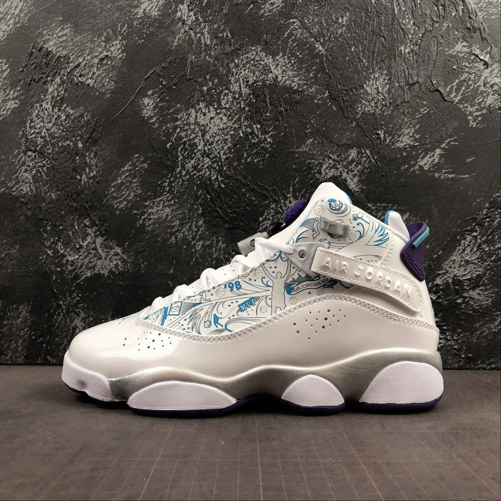 Air Jordan 6 Rings White Court Purple-Slvr-Vvd Bl 322992-153 Indoor Performance Light Speed