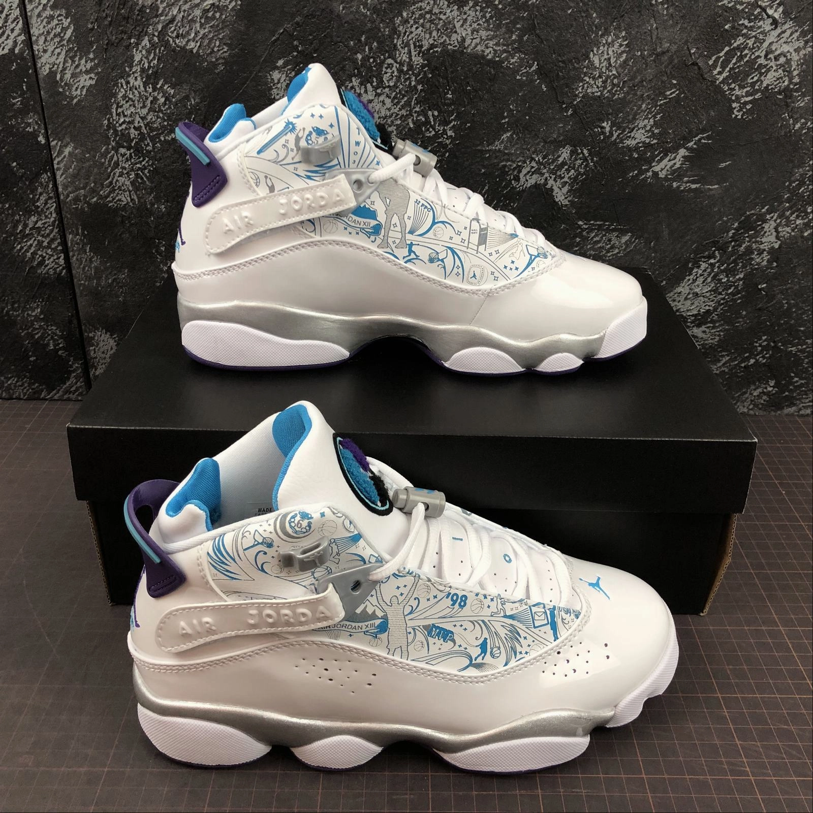 Air Jordan 6 Rings White Court Purple-Slvr-Vvd Bl 322992-153 All Fit Design Stride Optimizer