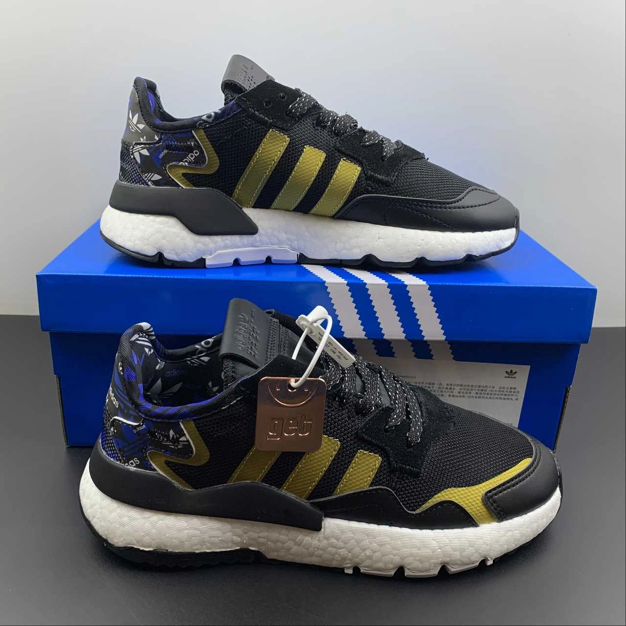 Adidas Nite Jogger Black Gold Blue FW6711 Style running shoes for trail races