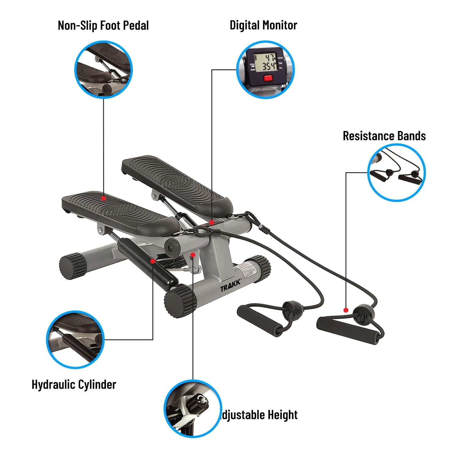 TRAKK Fitness Mini Stepper Stair Stepper Exercise Equipment w/ Resistance Bands