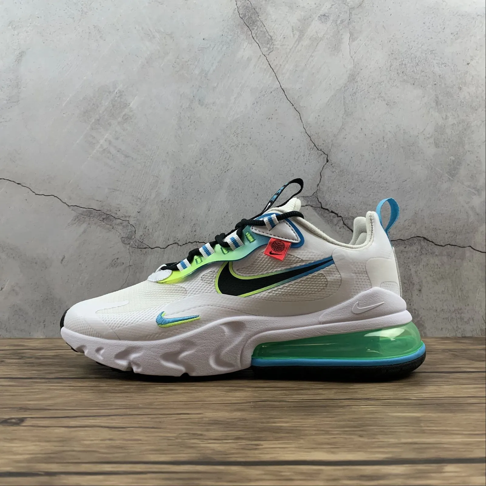 Air Max 270 React WW White Black-Blue Fury-Volt CK6457-100 pirate - themed running gear carnival - themed running option