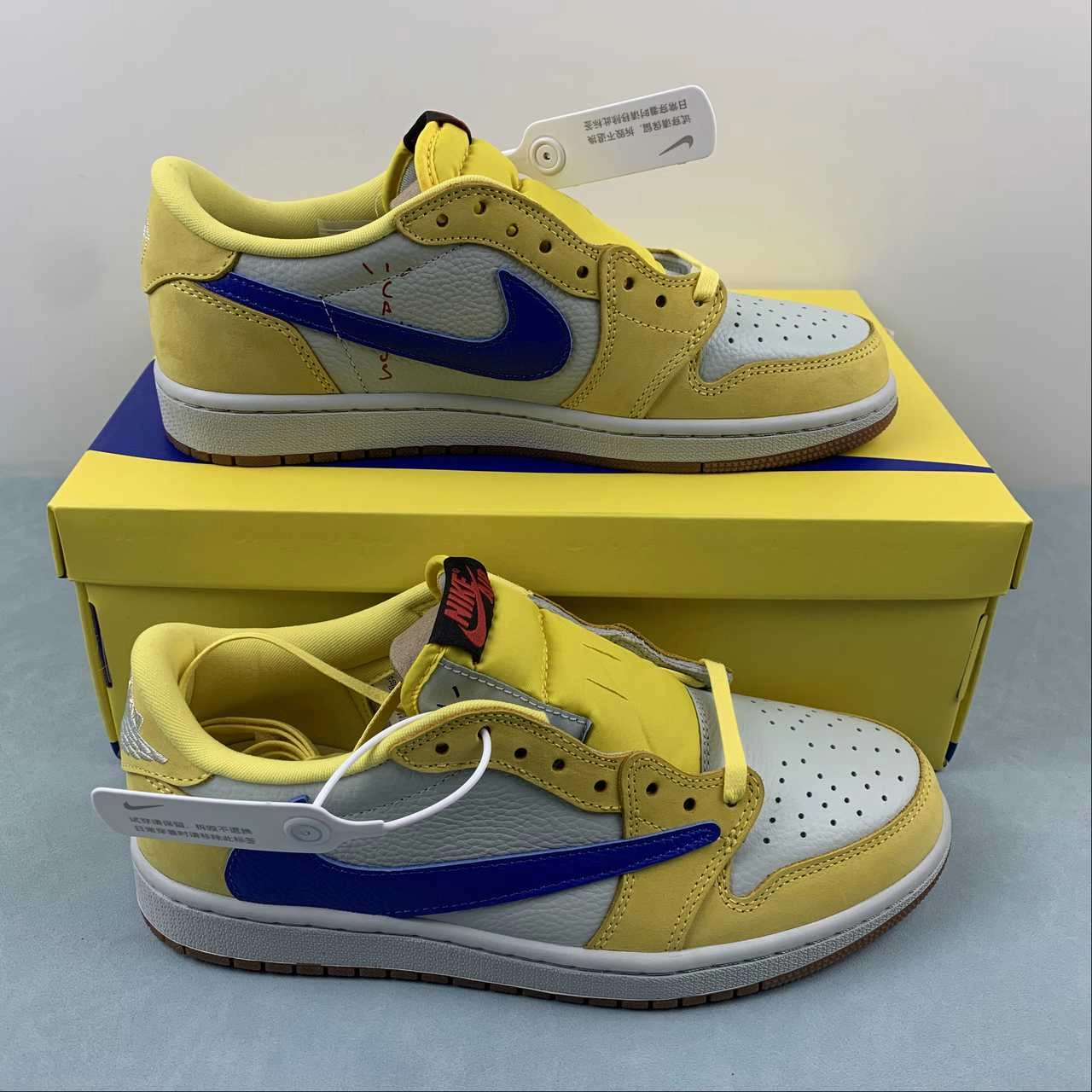 Full Coverage Travis Scott x Air Jordan 1 Low OG Canary Racer Blue Light Silver Gum Medium Brown DZ4137-700