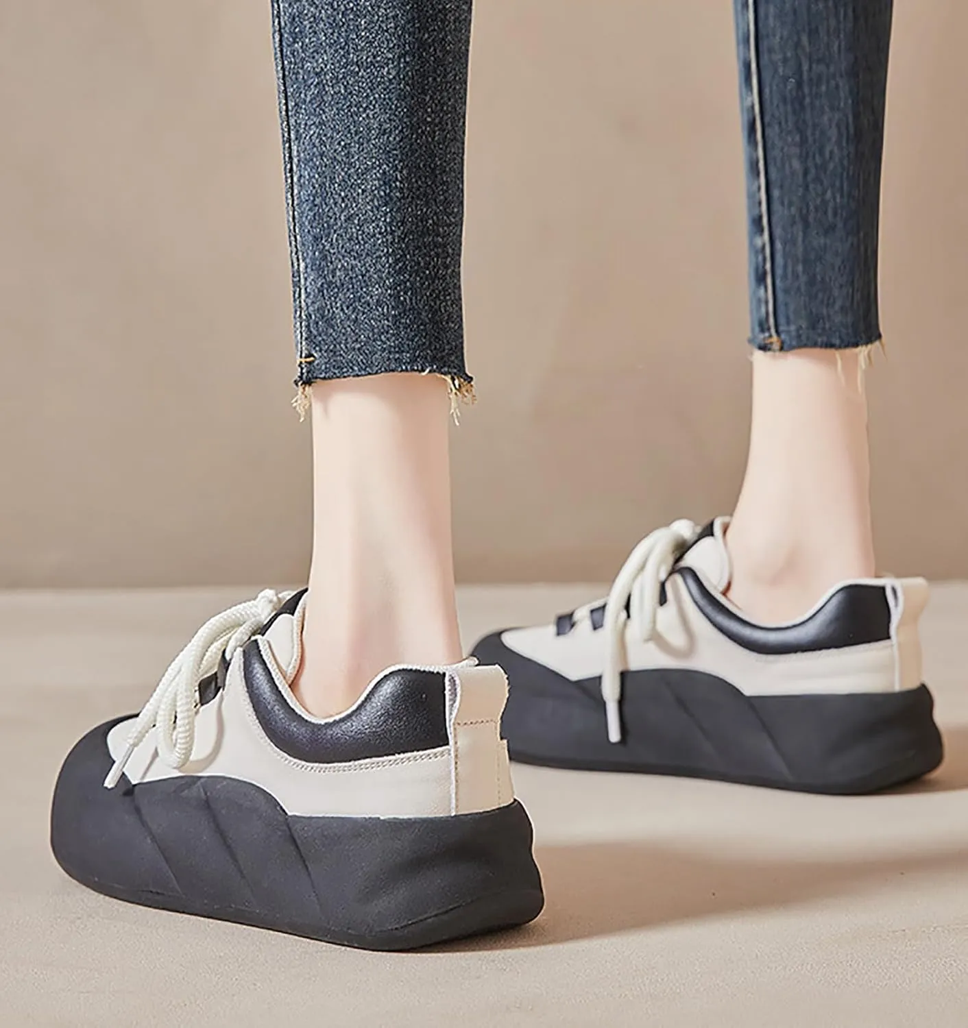 Women's Leather Increase Height Platform Casual Shoes,Outdoor Non-Slip Soft-Soled Shock-Absorbing Running Sneakers
