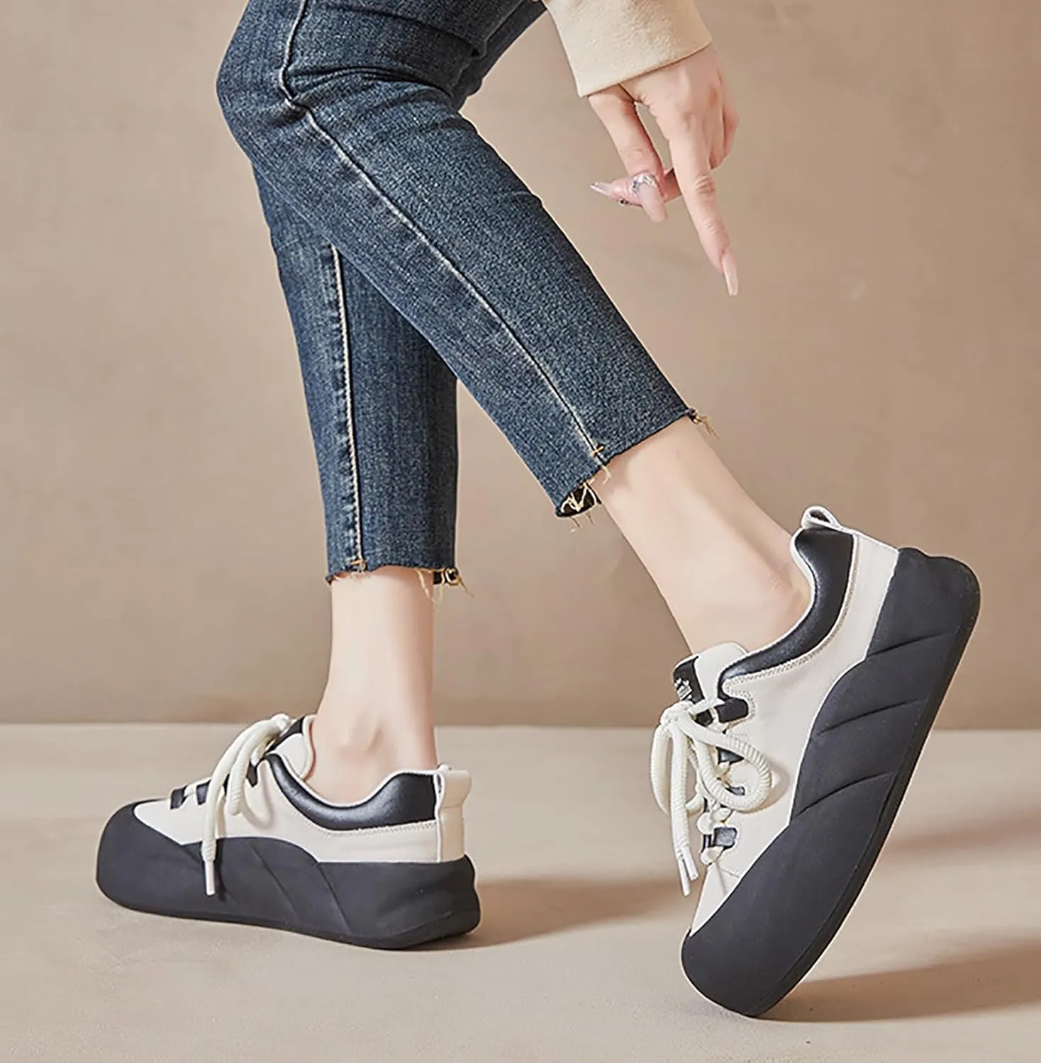 Women's Leather Increase Height Platform Casual Shoes,Outdoor Non-Slip Soft-Soled Shock-Absorbing Running Sneakers