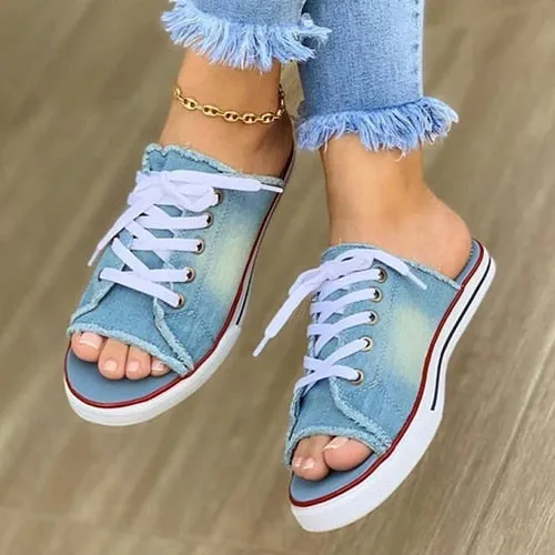 Women's Open Toe Denim Lace Up Slip On Shoes