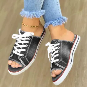 Women's Open Toe Denim Lace Up Slip On Shoes