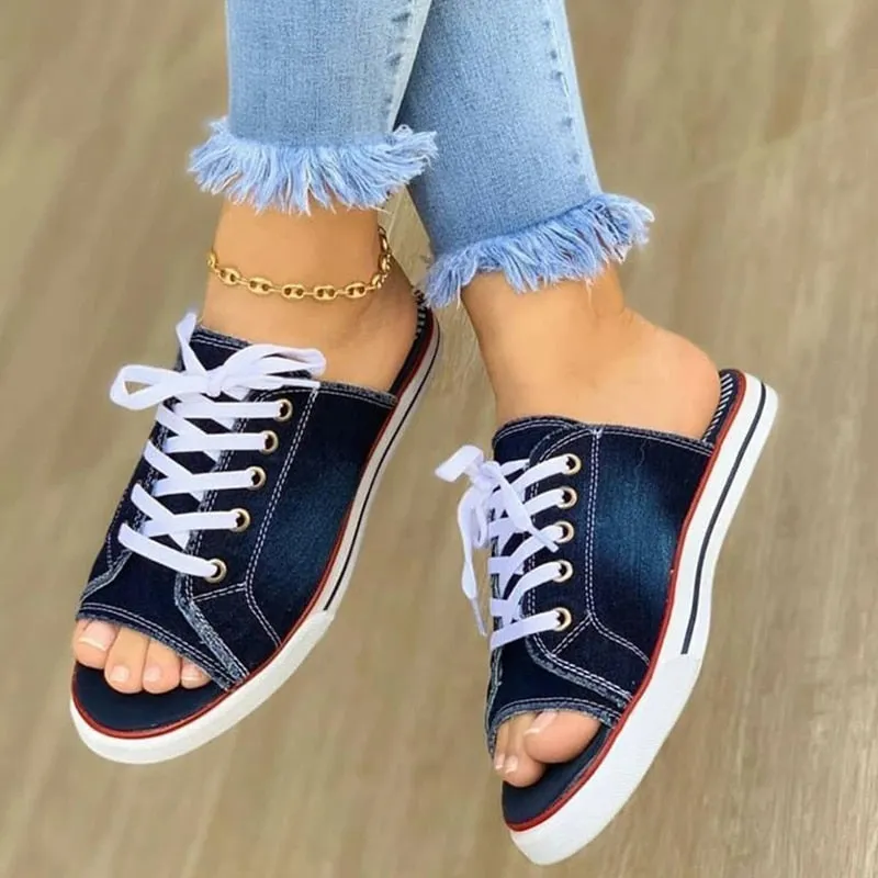 Women's Open Toe Denim Lace Up Slip On Shoes