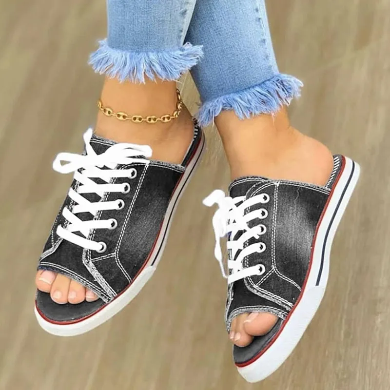 Women's Open Toe Denim Lace Up Slip On Shoes